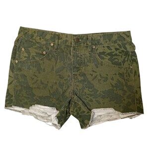 Free People Womens Denim Camo Jean Shorts Flat Front Raw Hem 9" Rise Size 26